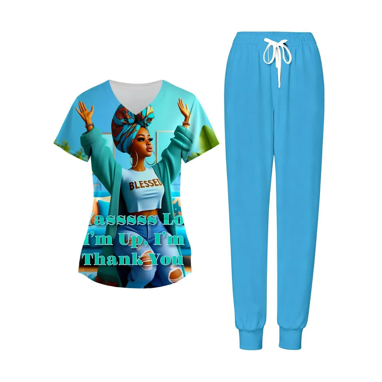 Women's Graphic Print V-Neck Scrub Set with Pockets - Black History Month Edition - Comfortable Stretch Fabric - Blue