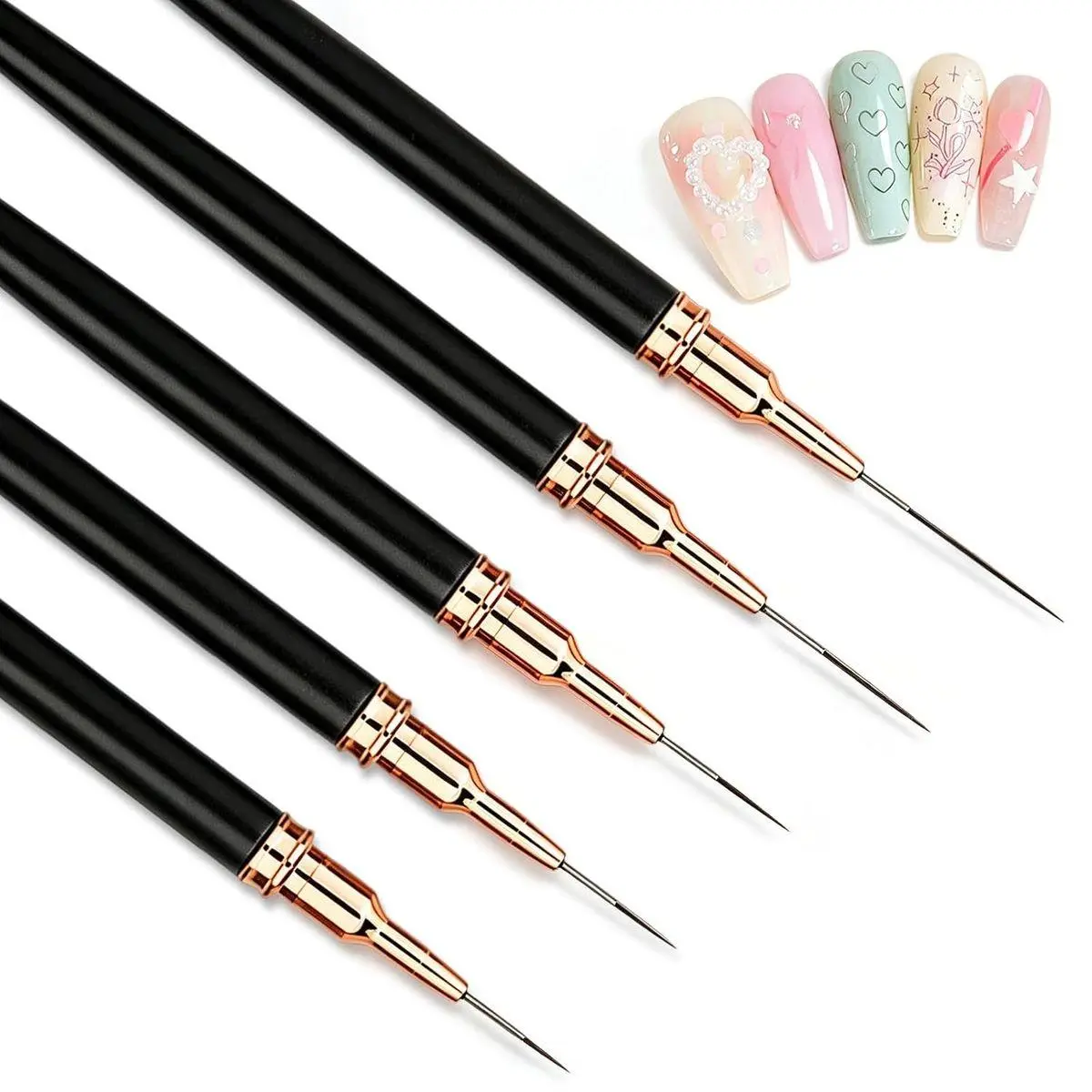 5PCS Metallic Nail Art Liner Brushes Set, Fine Painting Nail Brushes for UV Gel Polish, Detail Drawing & Long Line Design, Nail Art Tools Sizes 5/8/12/20/25mm