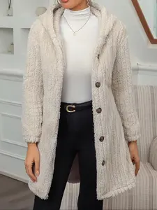 Women's Fall Winter Fashion Fitted Textured Knit Button Front Hooded Coat, Long Sleeve Fuzzy Jacket, Casual Colorblock Design, Womenswear, Knitwear
