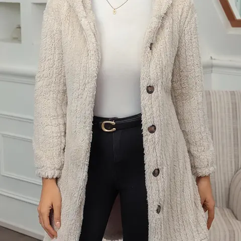 Women's Fall Winter Fashion Fitted Textured Knit Button Front Hooded Coat, Long Sleeve Fuzzy Jacket, Casual Colorblock Design, Womenswear, Knitwear, Fabric