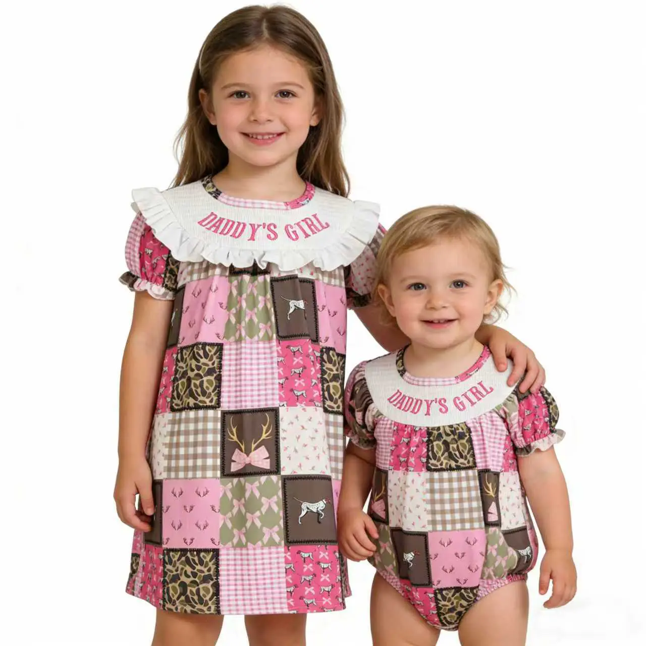 Matching Sister Set - Girls' Dress & Baby Romper, Casual Camo Deers Print Outfits for Dad's Little Girls, Breathable, Family Day, Matching Sets, Buttons, Cotton Blend, Short Sleeve Tops, Jumpsuits, 0-3M, Clothes, Everyday
