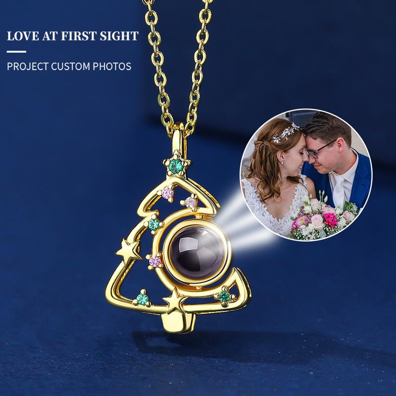 L&M Niche Minimalist Unisex Korean Crystal Amulet Necklace - Pendant for Chain, Christmas Tree Colored Diamond HD Photo Projection, Micro Engrave Custom Content (Contact Us), Default "I Love You", Casual Daily Wear, Couple Customized Gift