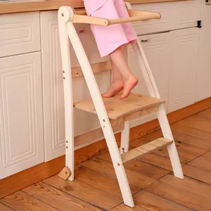 Wooden Montessori Learning Tower ADJUSTABLE HEIGHT Space-Saving Foldable Kids' Step Stool with Anti-Tip Protection IVORY for Educational Activities Beige