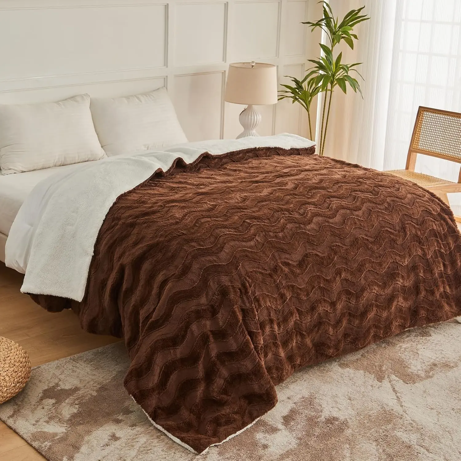 Heated Blanket Full Size, Warm Soft Faux Rabbit Fur Electric Blanket with 6 Heating Levels & 10 Hours Auto-Off, Fast Heating & Over-Heat Protection, Machine Washable - Brown, 72”x 84”