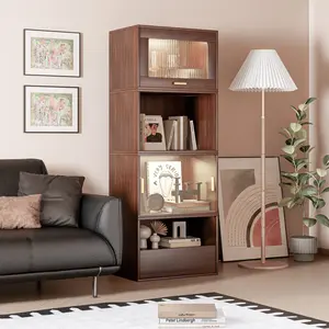 ANWICK 23.6'' China Cabinet Lighted Dining Cabinet Display Cabinet With Walnut Finished, Glass Doors, Drawers and LED Light cabinet  upgrade Furniture Living Room Storage Organization Wood Home