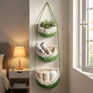 Boho-style wall hanging storage basket, 1 set of three-layer handmade rope storage baskets, multifunctional home decor for living room, bedroom, and kitchen, organizer, hangable, cascading fruit baskets