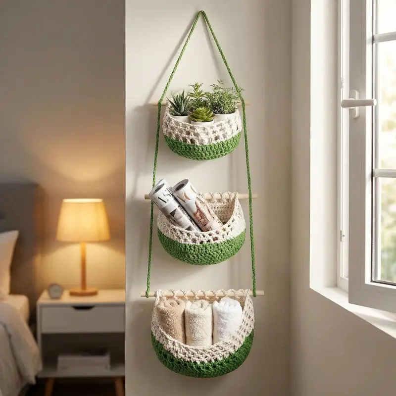 Boho-style wall hanging storage basket, 1 set of three-layer handmade rope storage baskets, multifunctional home decor for living room, bedroom, and kitchen, organizer, hangable, cascading fruit baskets,summerwins,Festive,Multicolor,personalize,acc,phone,