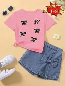Girls' Summer Trendy Butterfly Knot Series Bow Pattern Print Comfortable Round Neck Short Sleeve T-Shirt, Casual Versatile Unisex