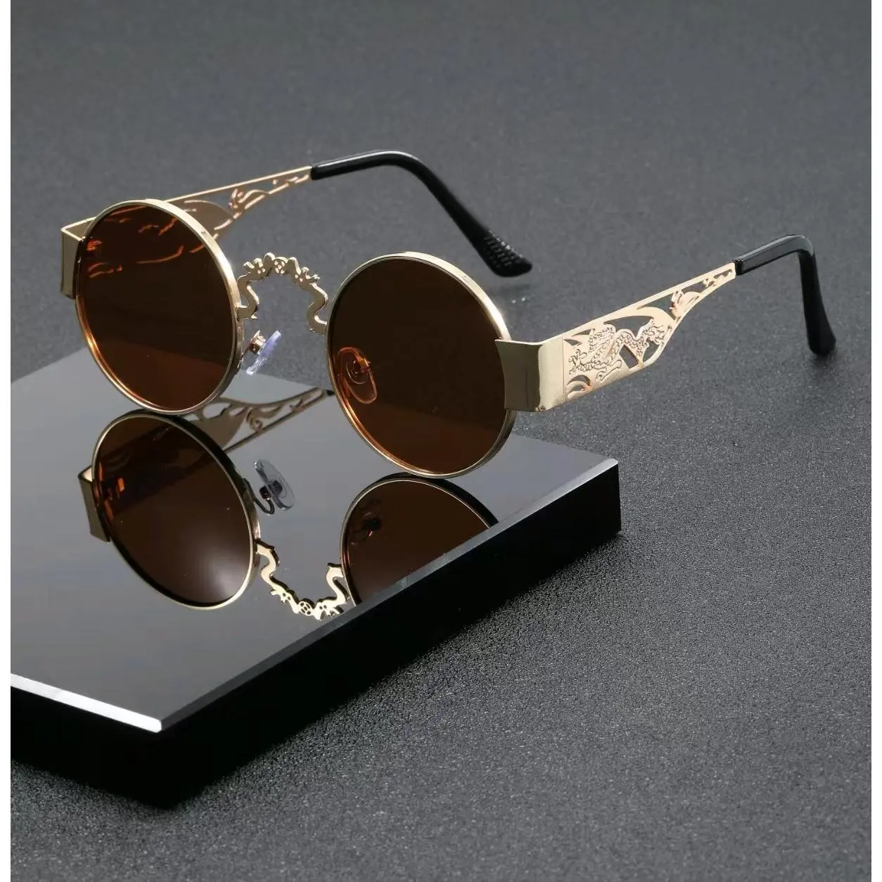 Unisex Round Metal Edgy Sports Sunglasses - Hollow-Cut Dragon Pattern Temples, Lightweight Unique Design Eyewear, Ideal for Street Style, Photoshoots, Sunglasses Sports Eyewear, Edgy Sports Eyewear