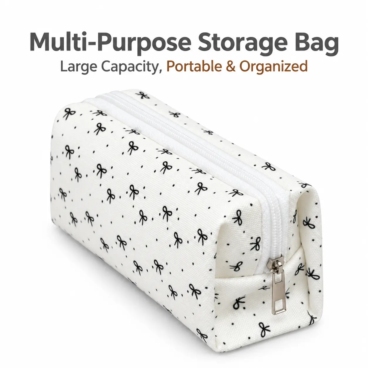 Cute Bow Print Zipper Pouch, Washable Multi-Purpose Small Organizer Bag, 6.30 x 2.36 x 3.35 in, Portable Storage Case for Stationery, Cables, Beauty Essentials, School, Office & Travel, 1 Pack