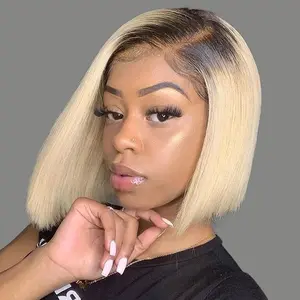 [New In] Wiggins Hair Short Blonde Bob Wig With Black Roots 10inch Bob Wig Human Hair 13x4 Lace Front Wigs With Pre Plucked Hairline