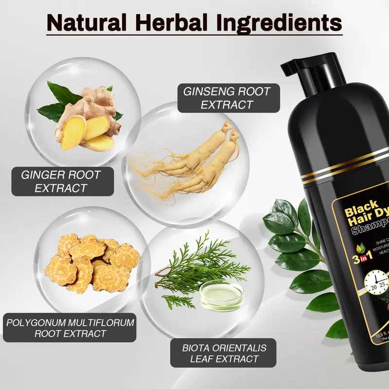 KAISASA 3-in-1 Black Hair Color Shampoo - Alcohol-Free Cleanser, Conditioner with Ginseng Extract, Herbal Gray Coverage, Natural Plant Care, Restores Functionality, 15-20 Minute Home Application, for Adults (400ml, 36 Months Shelf Life)
