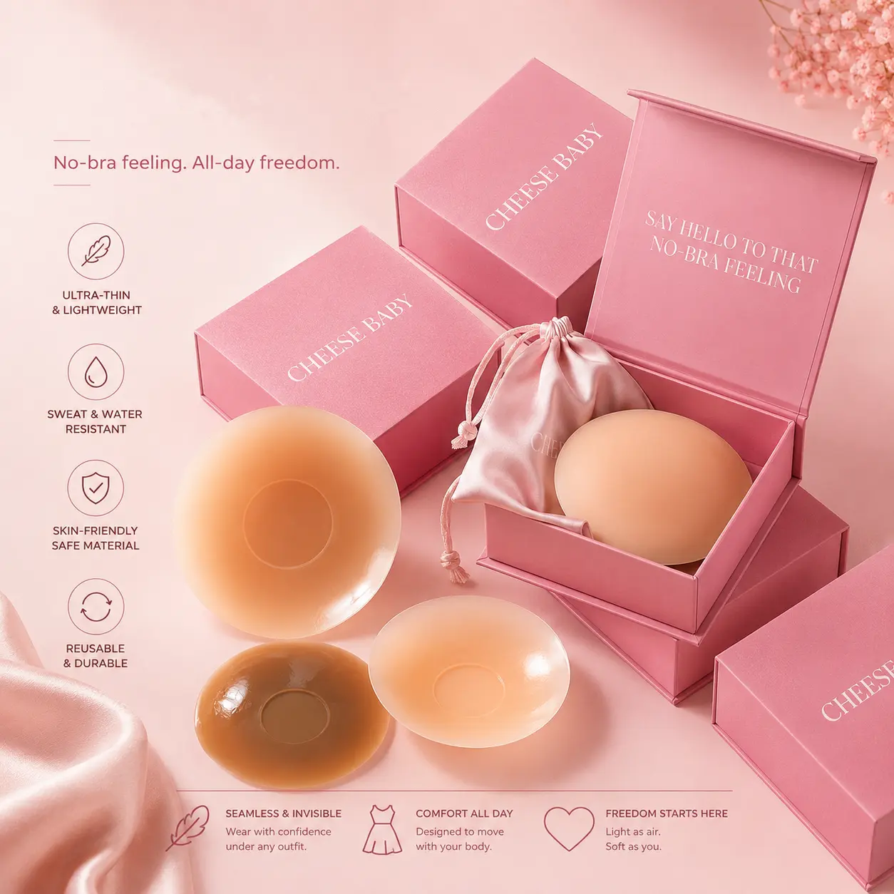 Women's Reusable Nip Nook Silicone Bra, Medical-Grade, Non-Toxic, Sticky Circles, Adhesive-Free, Seamless Coverage, 10 Wears Capacity