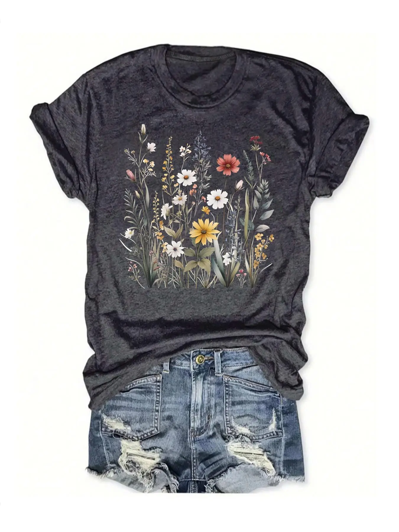 Women's Floral Print Round Neck Tee, Vintage Trendy Casual Fitted Short Sleeve T-Shirt for Daily Wear, Ladies Summer Top