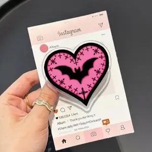 Cute Pink Bat Heart MagSafe Phone Grip, Horror Aesthetic Magnetic Phone Holder, Kawaii Scary Fan Gift , Kindle Accessories sticky Baby mount Library Card Flower-Shaped Multi-Functional Stand Universal Car Spooky Adjustable