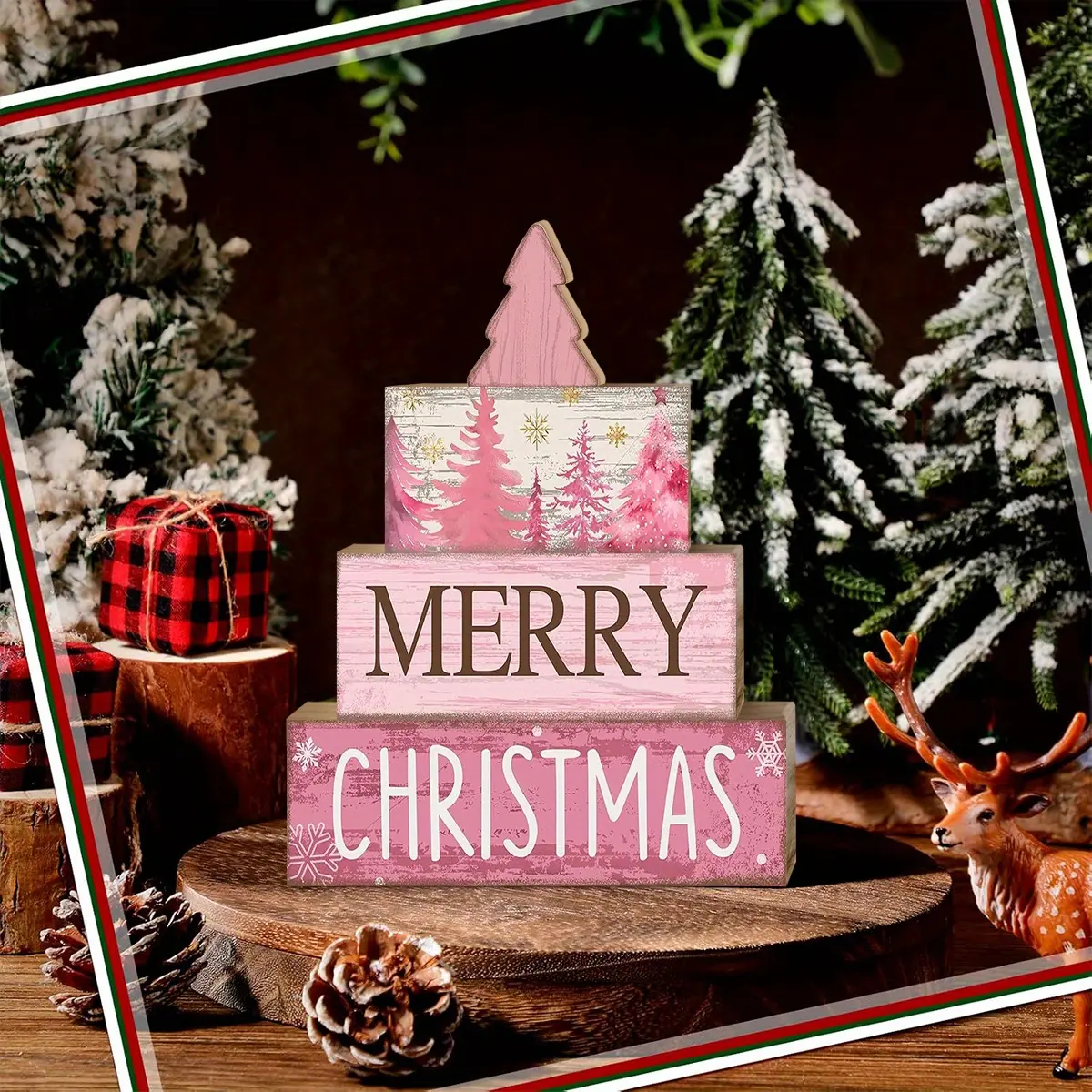 4 pcs Christmas Table Centerpiece Rustic Decorative, Tiered Tray Decor, Nativity Scene Wooden Decoration, Funny Gingerbread Christmas Sign, Block Signs Gift Farmhouse Winter Table Decoration for Home Kitchen, Party Decoration