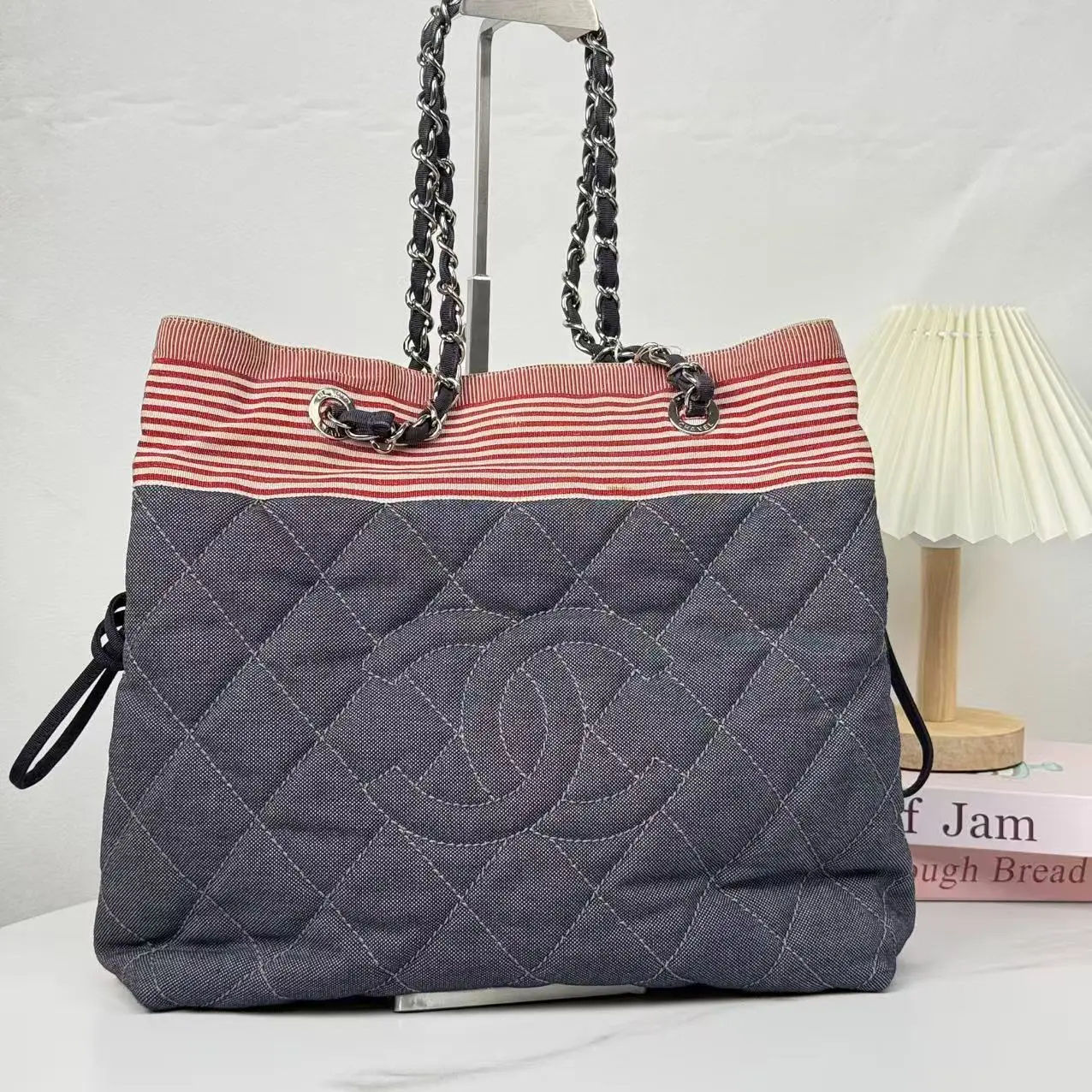Pre-owned CHANEL Shopping Tote Medium Denim Grey / Red