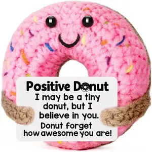 Handmade Crochet Positive Donut Plush Doll - Cute Knitted Sweet Treat Stuffed Toy with Inspirational Quote Card, Unique Encouragement Gift for Friends, Family, Self-Care