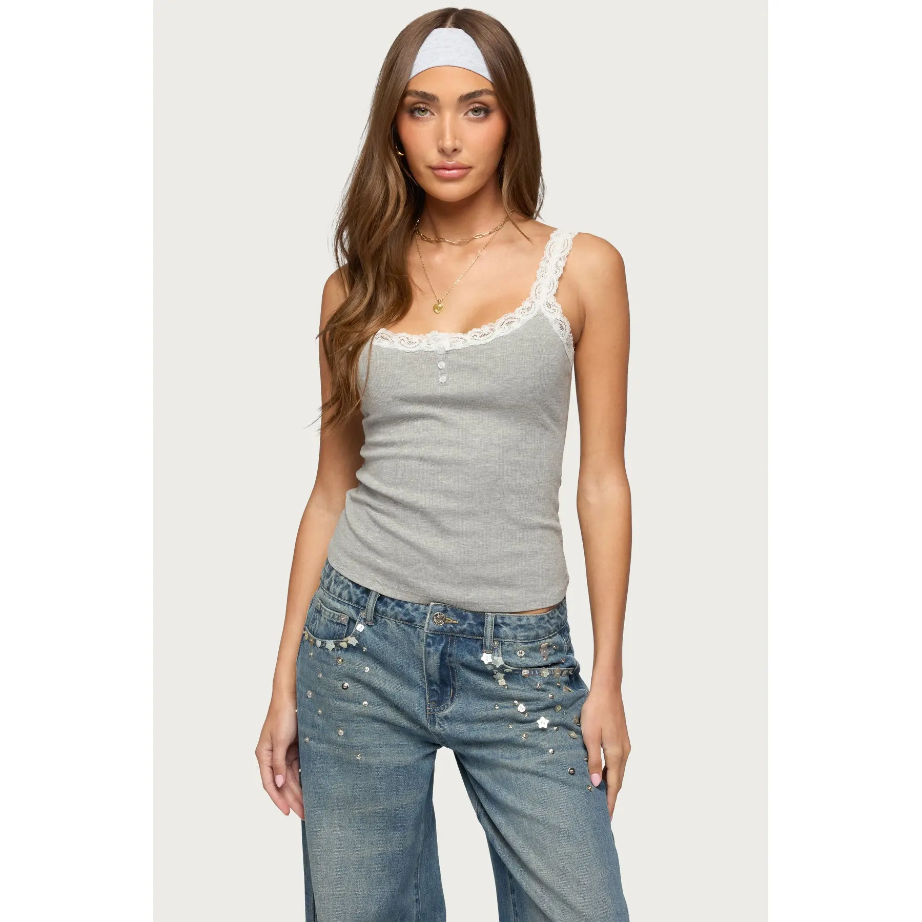 Aileen Contrast Lacey Henley Tank Top