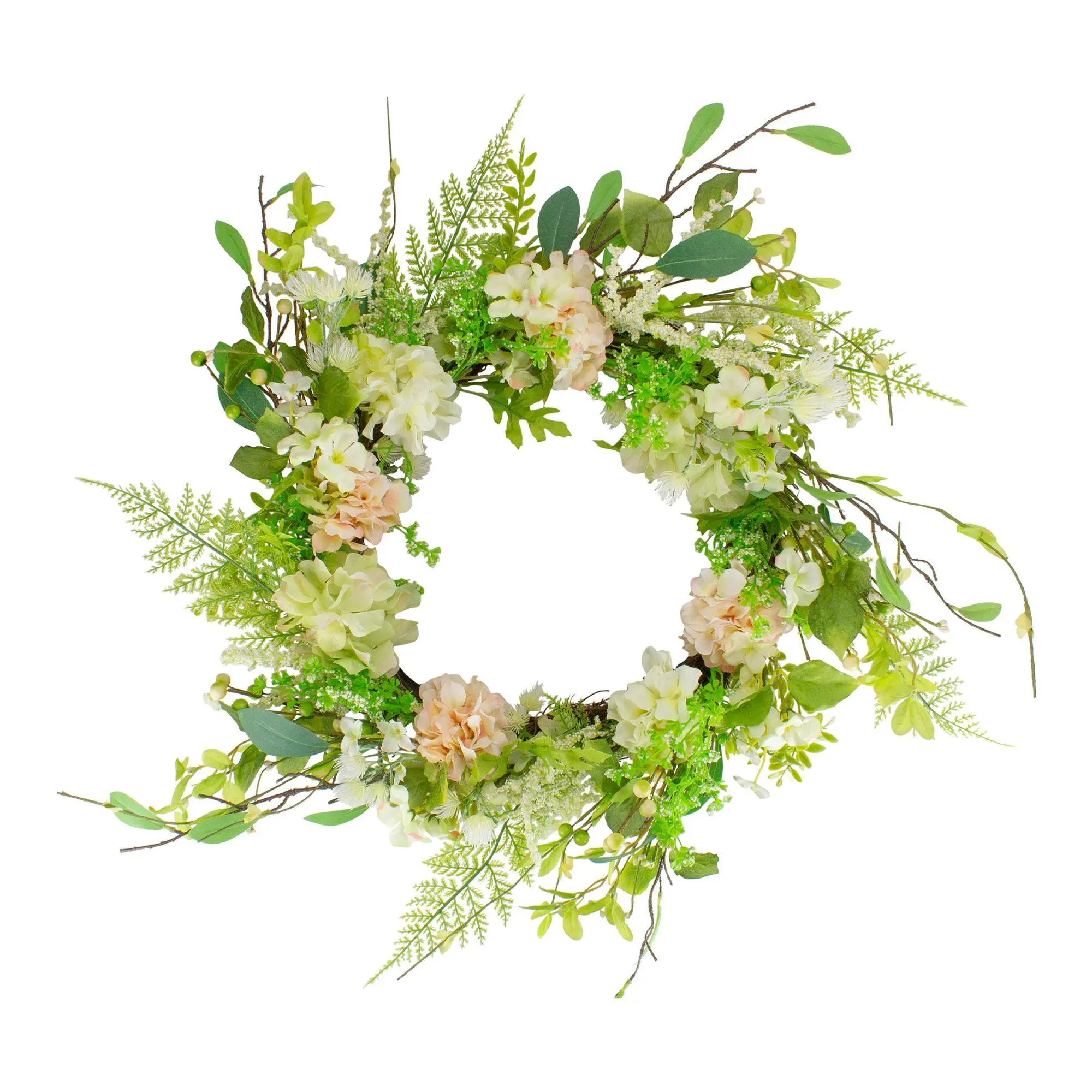 Northlight Hydrangea and Fern Spring Floral Berry Wreath-  28"