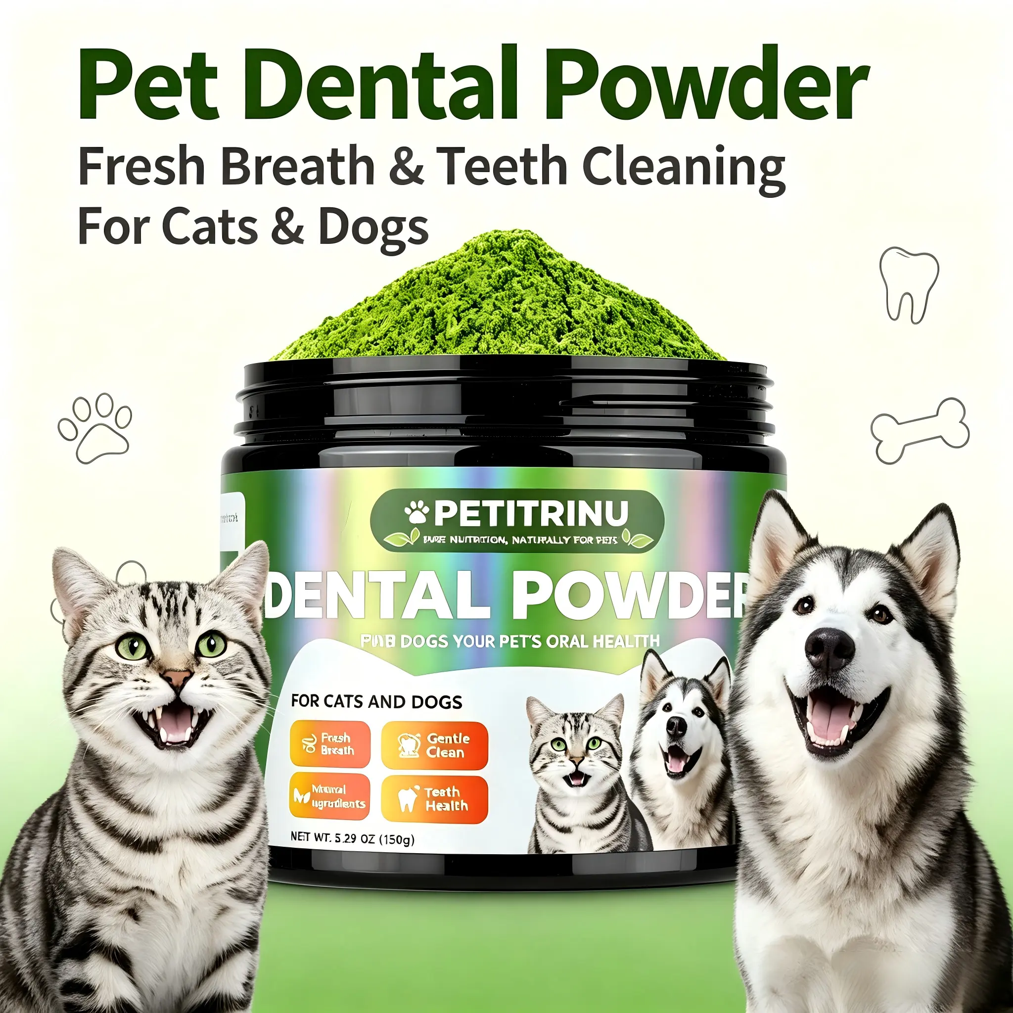 Petitrinu Dental Powder for Cats and Dogs - Promotes Oral Health, Fresh Breath, Gentle Clean, Natural Ingredients, 5.29 oz