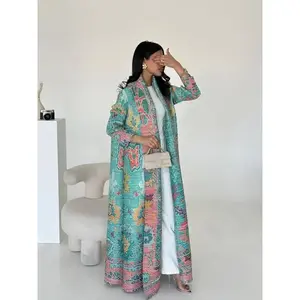Muslim women’s loose-fit pleated print robe coat for all seasons, casual loose-fitting kimono jacket with ethnic pattern, comfortable and stylish, perfect for daily wear