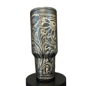 Tooled Leather Flip Straw New Version Engraved 40 oz Double Insulated Stainless Steel Tumbler with Full Wrap Portable Mug for Hot Cold Beverages - Thermal Flask Drinkware