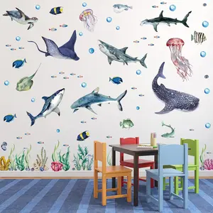 X-WPA15 3 Pieces Large Watercolor Sharks Wall Decals Ocean Animal Peel and Stick Wall Sticker Under The Sea Marine Life Theme Decals Nursery Room Home Decor Party Supply, 11.2 x 34.6 Inches Decorative Vinyl