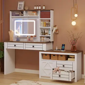 Garvee Makeup Vanity Desk with LED Lighted Mirror & Glass Top - 5 Drawers, 6 Open Shelves, Large Extendable Tabletop & Built-in Charging Station (2 AC Outlets + 2 USB Ports), Antique White Corner Vanity