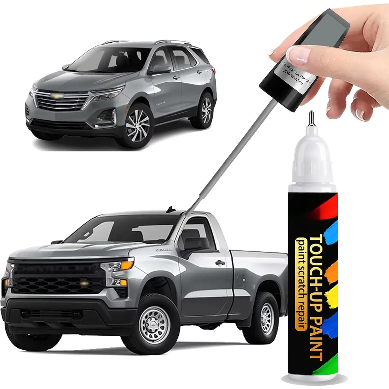 Sterling Gray Metallic(GXD/WA130H) Touch Up Paint For Chevrolet Exact Match-Chips and Nicks 2 in 1 Car Paint Pen Scratch Rapair for Tahoe/Suburban/Blazer/Colorado/Trax/Chevy/Silverado/Equinox/Traverse