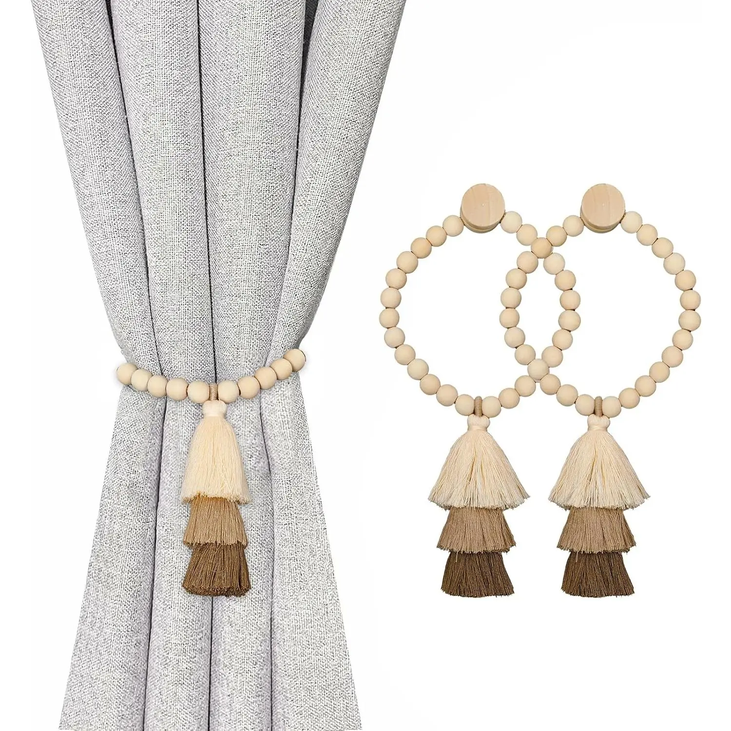 2 Pack Handmade Wooden Bead Curtain Tiebacks with Tassel, Simple Elegant  Curtain Holdbacks for Drapes in Bedroom, , Living Room (Coffee Brown)