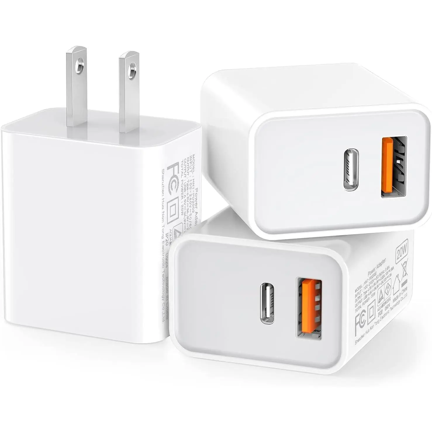 3 Pack USB-C Wall Chargers, 20W Durable Dual-Port QC+PD 3.0 Fast Charge Charger Block Adapters, Universal Compatible Power Adapters for iPhone, Universal Compatible Adapters