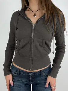 Women's Plain Pocket Drawstring Zip Up Hoodie, Casual Ribbed Knit Long Sleeve Hooded Sweatshirt for Summer, Women's Clothing for Daily Wear