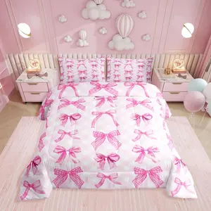 Kawaii Pink Bow Bedding Set for Girls Kids,Cute Pink Bows Comforter Set,Bedroom Decor,Princess Bowknot Bed Set,White Pink Checkered Plaid Bedding Comforter Set