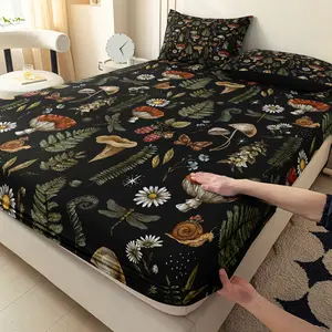 3pcs Polyester Mushroom Forest Pattern Printed Bed Sheet Set (1* Bed Sheet + 2* Pillowcases, No Core Included), Suitable for Bedroom, Guest Room. Soft and Comfortable Bedding and Decoration, Gift for Family and Friends