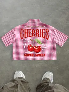 Unisex American Retro Vintage Style Plaid Short Sleeve Shirt, Grid Base Color + Cherry + Cherries Slogan Print, Casual Daily Wear