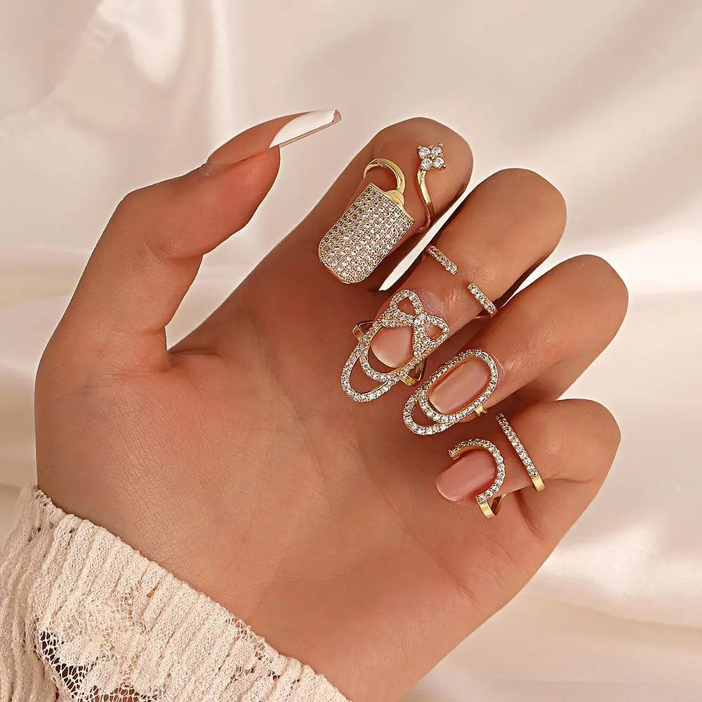 Rhinestone Fingernail Protective Zircon Nail Ring Charm Flower Butterfly Resizable Nail Ring Adjustable Opening Rings For Women