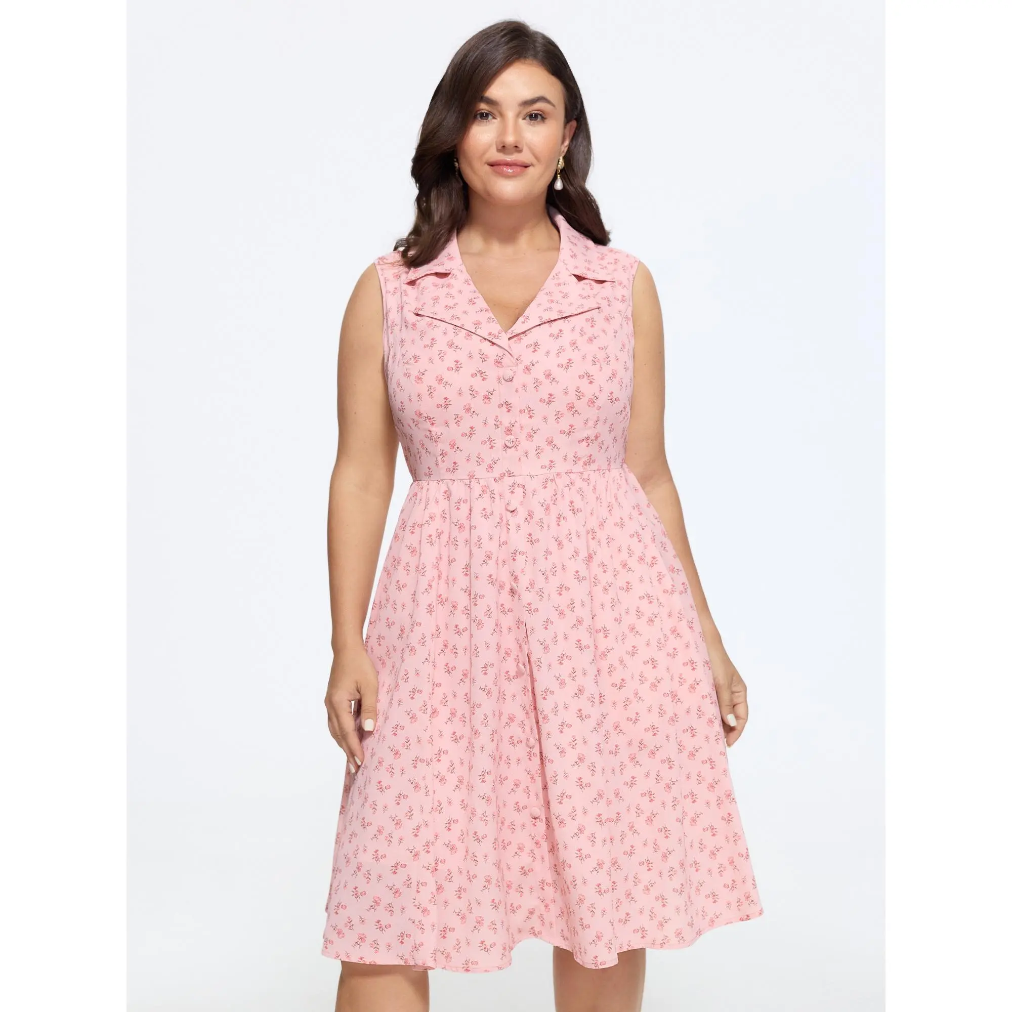 BLOOMCHIC Plus Size Ditsy Floral Print Button Down Sleeveless Midi Dress[M-6X] Summerfinds