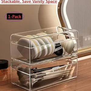 Partitioned Dust-Proof Makeup Organizer Box, Cosmetic Organizer Box, Flip Cover Transparent Clear Brush Holder, Dustproof Storage Box, Desktop Mirror Cabinet Drawer Compatible, Large Capacity Stackable