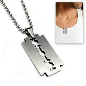 RAZOR BLADE PENDANT NECKLACE Chain Silver Charm Men Dog Tag