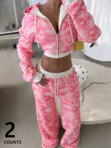 Camouflage Short Hooded Zipper Cardigan Set with Long Pants, Comfortable Casual Wear for Daily Use, Fashion Design for Trendy Women