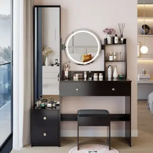 [Mother's Day Gift]Aobtkel.Full Body Mirror Cabinet + Round Mirror LED Vanity Table + Cushioned Stool, 17" diameter LED Mirror, Touch Control, 3-color, Brightness adjustable, Large Desktop, Multi-layer High Capacity Storage#Summervibes