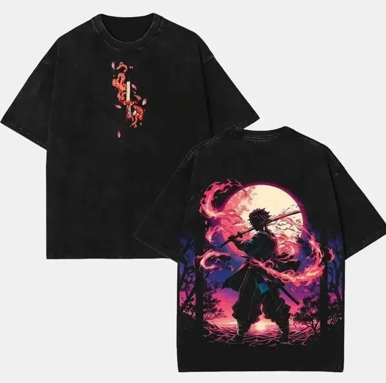 [Shonen Anime Streetwear Style] Tanjiro Inspired Fire & Water Warrior Vintage Washed T-Shirt, Double Printed Oversized Heavyweight Cotton Graphic Tee, Japanese Manga Streetwear, Unisex Fan Gift