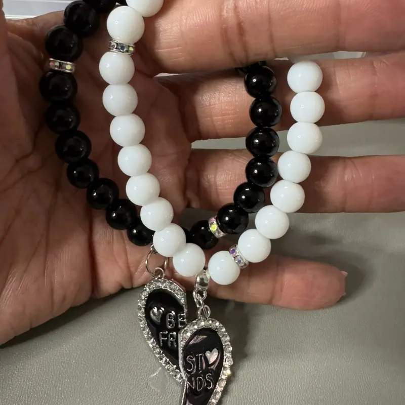 Best Friend Beads Bracelet with Heart Charm Black and White Beads for Friendship Gifts