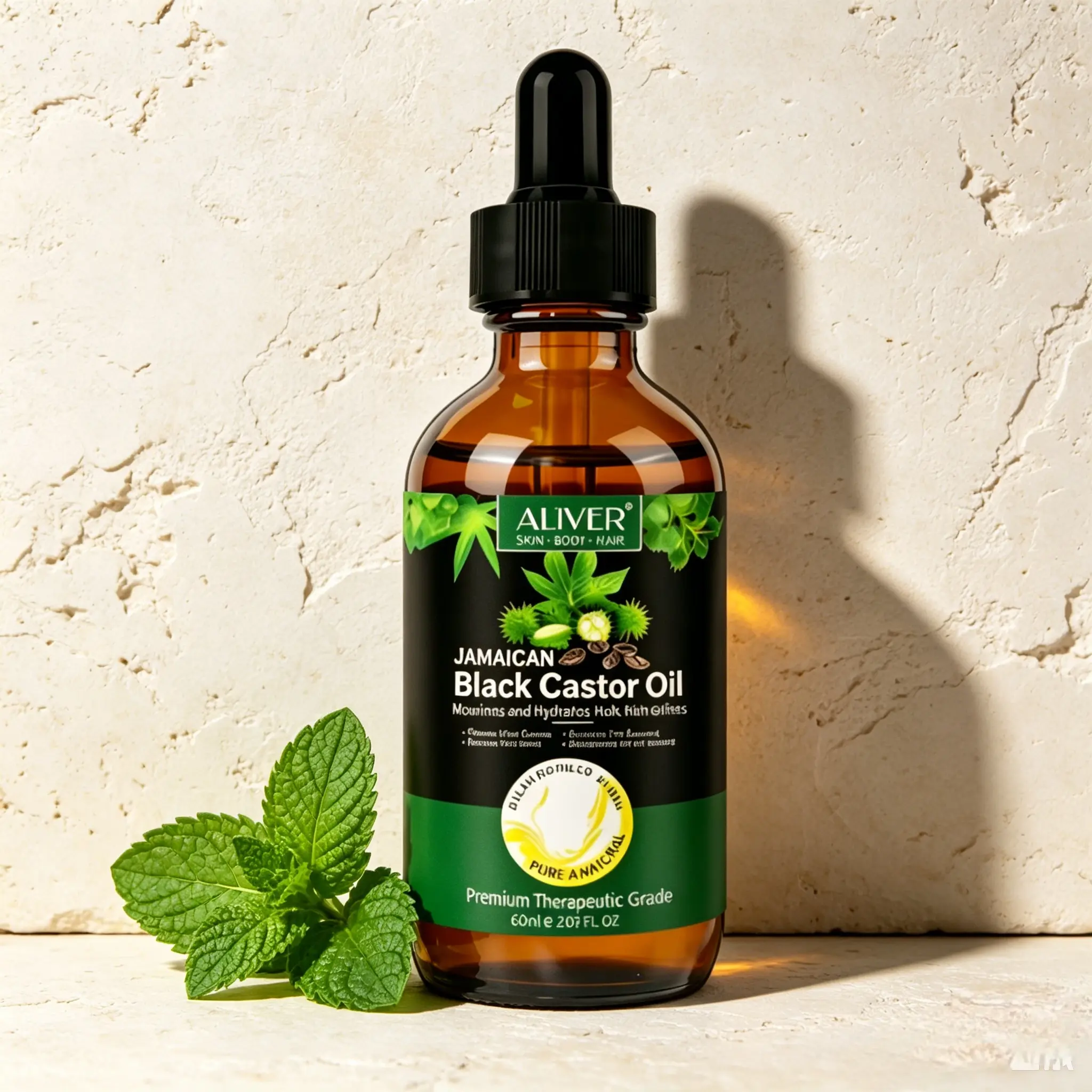ALIVER Jamaican Black Castor Oil, 60ml Pure Vegan Hair & Scalp Care Oil for Thick Hair, Eyebrows & Eyelashes