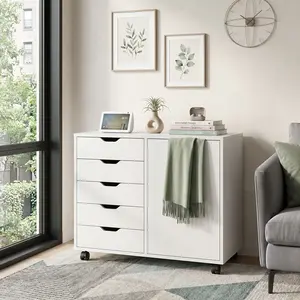 5-Drawer Wooden Storage Chest, White, Multifunctional Mobile Storage Cabinet with Printer Stand, Suitable for Home Office, Back to School & Travel Essentials Storage, Space-Saving, Easy to Assemble, Ideal for Room Decoration and Daily Use