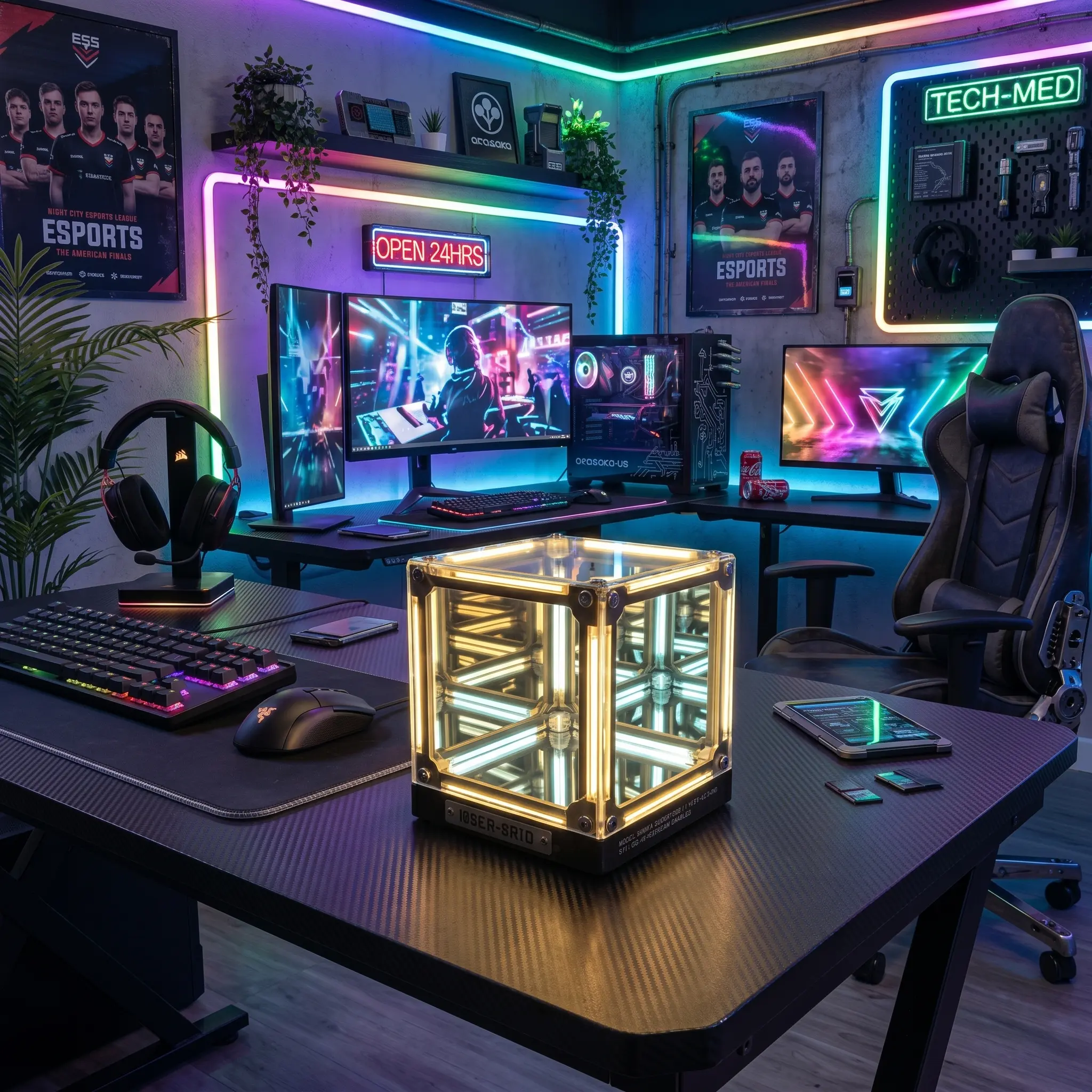 Infinity Cube LED Desk Lamp, Ambient Night Light with Infinite Mirror Effect, Modern Ornament & Display Stand for Coffee Table, Office Desk, Home Decor, Perfect for Esports Gaming Setups, Led Mood Lamp, Light Up Cubes Ambient Vibe Lights