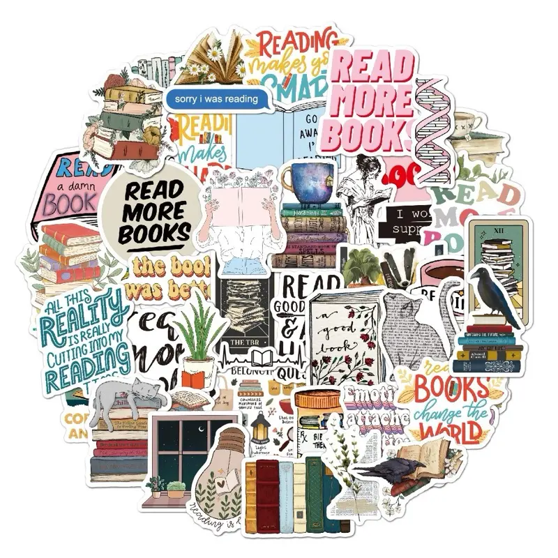 50pcs Book Reading Sticketers for Kindle Phone Case Water Bottle or Notebook Dotted Journaling Kit Scrapbook Materials SEO Words