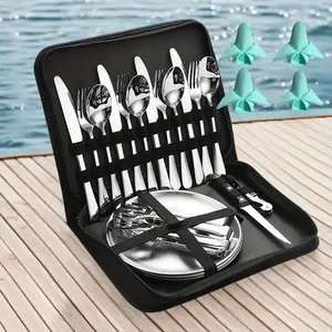 Camping Kitchen Tableware Mess Kit Cutlery For 4 - 24pcs Stainless Steel Utensils Set With Plate Spoon Fork Serrated Knife Cloth Napkins For 4 - For Camping, Hiking, Backpacking & Picnics - Ideal Gift for Outdoor Enthusiasts