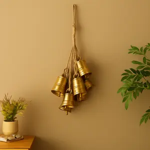 Gold Metal Tibetan Inspired Cascading Cluster Indoor Outdoor Decorative Bells with 8 Bells on Jute Hanging Rope